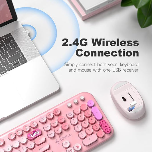 Atelus Wireless Keyboard and Mouse, Typewriter Full Size Keyboard with Number Pad and 2 in 1 USB Connected Mouse for Windows 7/8/10, Laptop, Desktop, PC, Computer (Pink Colorful)