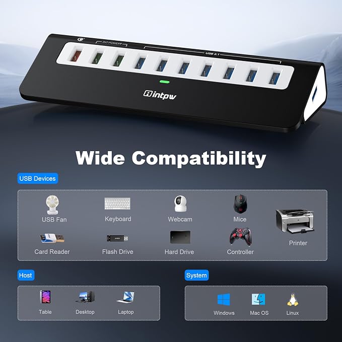 Powered USB Hub 10Gbps, 10 Port USB 3.2 Gen 2 Hub with 7 USB 3.2 Data Ports, 3 Fast Charging Ports, 36W Power Adapter, Type A and Type C Cable, Aluminum USB Hub for Laptop, Mac, PC