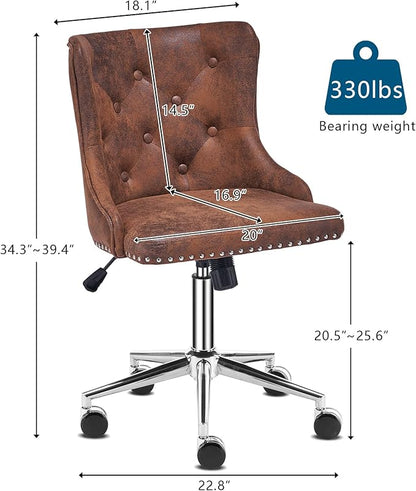 VINGLI Rustic Microfiber Armless Home Office Desk Chair with Silver Base/Wheels, Small Cute Vanity/Makeup Chair with Back for Bedroom, Upholstered Adjustable Rolling Swivel Nail Chair for Women/Girls