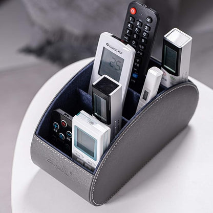 BONNY DODO Remote Control Holders Organizer Box with 5 Compartment PU Leather Multi-functional Office Desk Storage Caddy Store Tv Remote for Media Player,Brush,Pencil,Glassees&Office Supplies (Gray)