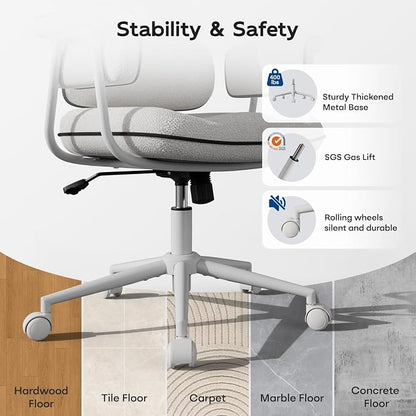 HomeZeer White Office Chair, Memory Foam Seat Mid Century Modern Desk Chair | 3.9" Sloped U-Shaped Memory Foam Cushion, Granular Linen Fabric, Lumbar Support, 1.2mm Sturdy Metal Tube, 400LBS Capacity