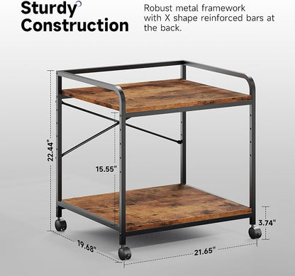 Under Desk Printer Stand, 22''W X 20''D X 22.4''H Mini Fridge Stand, Printer Shelf, Large Printer Table with Height Adjustable, 2 Tier 3D Printer Cart with Wheels for Home Office Storage, Rustic Brown