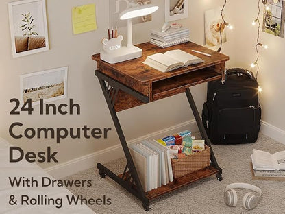 Zenira 24-Inch Small Computer Desk, 30-Inch Tall with Drawers, Corner Desk with Wheels for Gaming, Bedroom, Home, Office - Brown