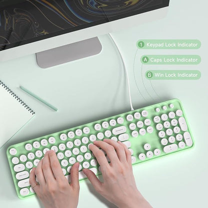 MOWUX Computer Keyboard Wired, Plug and Play USB Retro Round Typewriter Keyboard, Full Size Wired Keyboard with Foldable Stands for Laptop and Office PC- Green