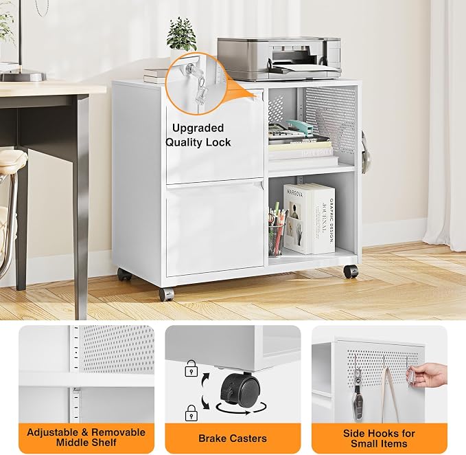 Storage Filing Cabinets Office Drawers White Rolling File Cabinet Printer Stand Lateral Mobile Under Desk Organizer Lateral Filing Cabinet with Wheels Adjustable Shelves Printer Table for Home Office