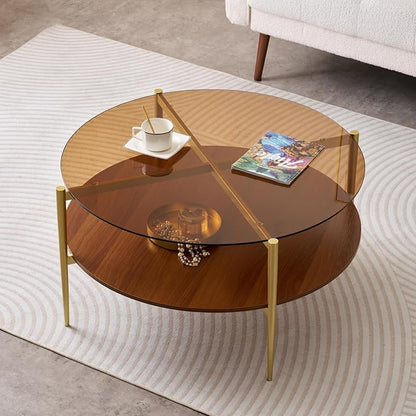 LumFurn Extra Large Round Coffee Table, Mid-Century Modern Design, D34 x H17 in, for Living Room, 2-Tier Structure, Amber Glass Top and Walnut MDF Shelf, Sleek Conical Metal Legs with Gold Finish