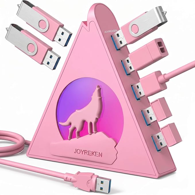 7 USB 3.0 Ports, Howling Wolf Pink USB Hub - 2FT Long Cable, Vertical USB Hub Expander Compatible with PC, Laptop, Flash Drive, HDD, Console, Printer, Keyborad, Mouse
