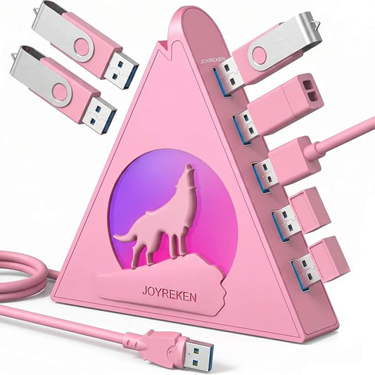 7 USB 3.0 Ports, Howling Wolf Pink USB Hub - 2FT Long Cable, Vertical USB Hub Expander Compatible with PC, Laptop, Flash Drive, HDD, Console, Printer, Keyborad, Mouse