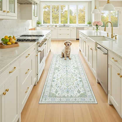 RELEANY Area Rugs Runner 2'x5' Washable Non-Slip, Floral Vintage Distress Medallion Carpet for Kitchen Hallway Bedroom Beside Laundry Room Bathroom, Green White Blue