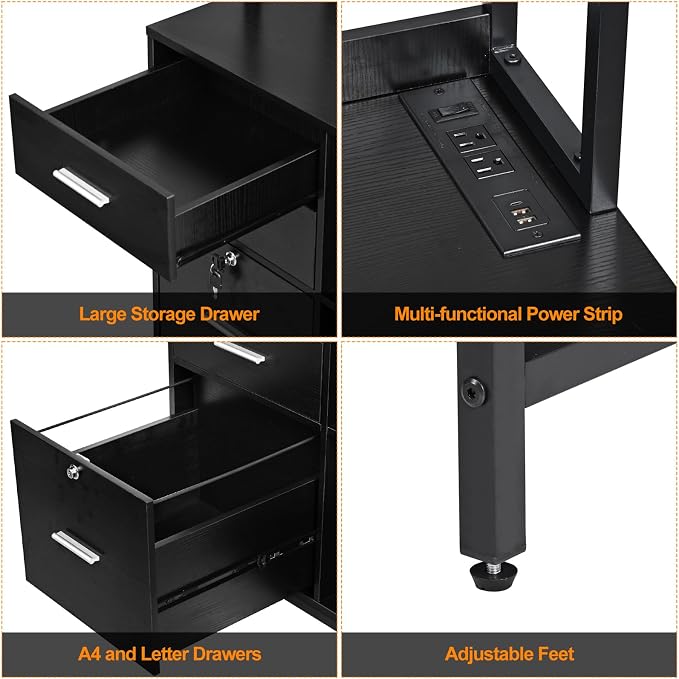 Livofloral File Cabinet with Charging Station, 3 Drawer Filing Cabinet with Bookshelf, Large Printer Stand with Open Storage Shelves for Home Office, Locking File Cabinets Fits Letter/A4 Size, Black