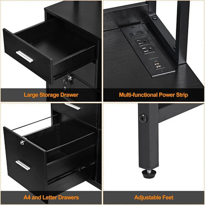 Livofloral File Cabinet with Charging Station, 3 Drawer Filing Cabinet with Bookshelf, Large Printer Stand with Open Storage Shelves for Home Office, Locking File Cabinets Fits Letter/A4 Size, Black