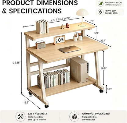 47.2 Inch Compact Rolling Computer Desk with Tier Worktable & Lockable Wheels, Small Computer Desk, Small Desk for Bedroom, Mobile Writing Workstation Easy Assembly for Home Office Small Spaces