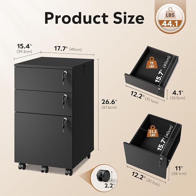 DEVAISE 3 Drawer File Cabinet with Individual Locks, Black | Wood Filing Cabinet for Home Office, Mobile Printer Stand with Wheels, Under Desk Storage for Letter/A4/Legal Size