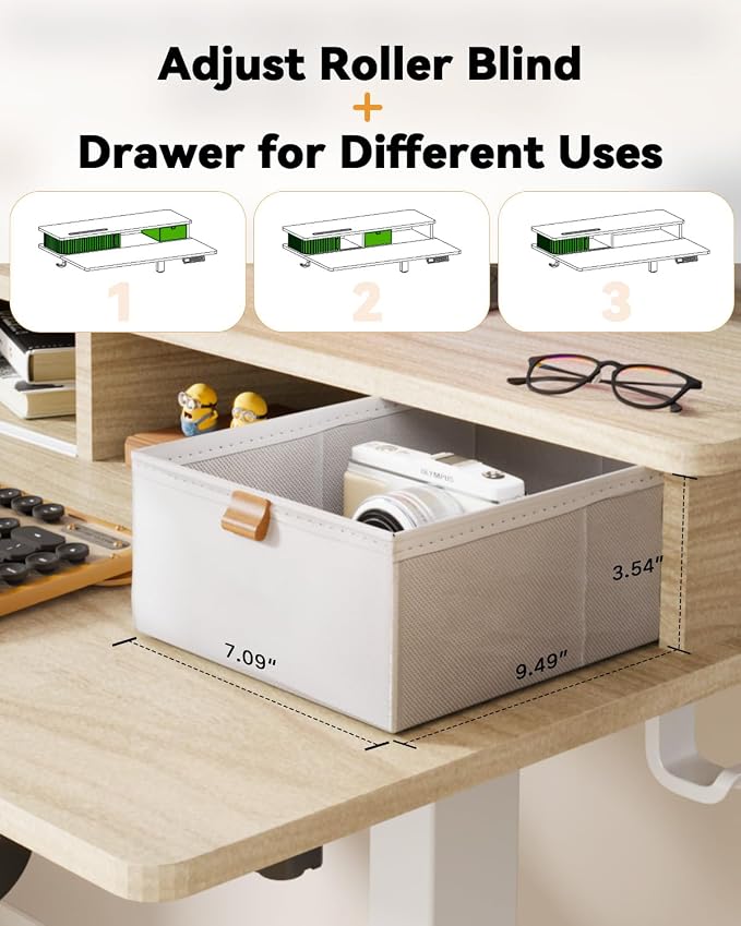 JOY worker Small Electric Standing Desk, 35" x 25" Height Adjustable Desk with Built-in Monitor Stand & Storage Drawer, White Sit Stand Desk with 2 Hooks for Home Office, Light Walnut