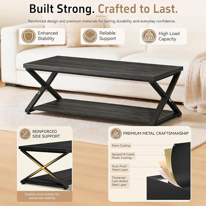 Coffee Table for Living Room, 2 Tier Rectangular Tea Table, Industrial Center Table forBedroom Home Office, Black,47 Inch