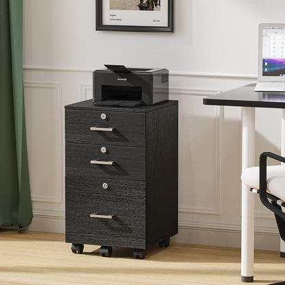 VINGLI 3-Drawer File Cabinet with Lock, Wood Rolling Filing Cabinets for Home Office, Mobile Printer Stand, Under Desk File Organizer for Letter Sized Files, 26" H(Caster Included), Black