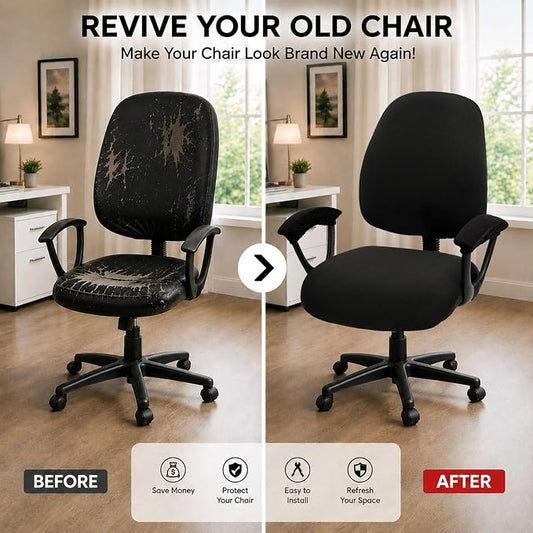 Water-resistant Stretchable Desk Office Chair Seat Covers with Armrest Covers Universal Spandex Computer Chair Slipcover - Rotating Backrest Coverings & Cushion Protectors for Pets, Black
