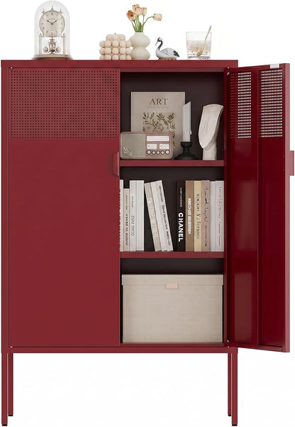 Metal Storage Cabinet,2 Door TV Stand, Metal Mesh Accent Cabinet,Magnetic Door Closure,Low Storage Cabinets with Doors and Shelves