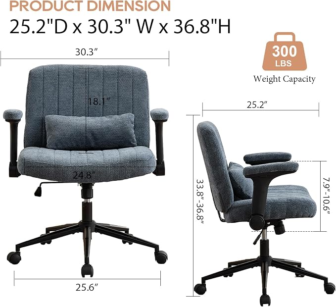 IPKIG Criss Cross Chair with Adjustable Flip-up Arms, Vanity Chair with Wheels, Comfy Desk Chair with Lumbar Pillow Swivel Wide Office Chair for Home Office, Bedroom, Chenille, Blue