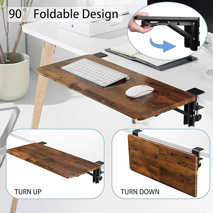 ETHU Ergonomics Desk Extender Tray, 25.6"x11.4" Large Size Foldable Keyboard Extender Tray Clamp On, Armrest Support for Home and Office (Wood)