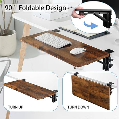 ETHU Ergonomics Desk Extender Tray, 25.6"x11.4" Large Size Foldable Keyboard Extender Tray Clamp On, Armrest Support for Home and Office (Wood)