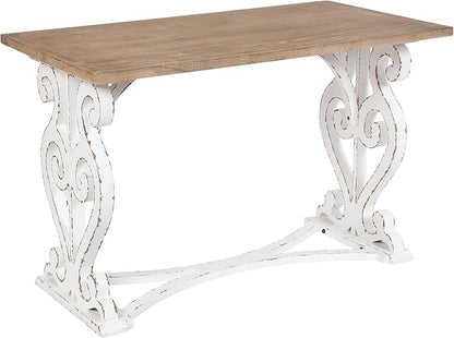 Kate and Laurel Wyldwood Farmhouse Wooden Desk; 46 x 24 x 30; Brown and White; Rustic Carved Wood Computer Desk for Functional and Stylish Home Office Decor