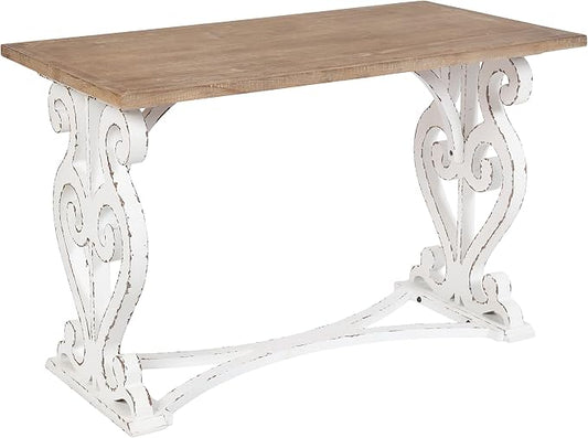 Kate and Laurel Wyldwood Farmhouse Wooden Desk; 46 x 24 x 30; Brown and White; Rustic Carved Wood Computer Desk for Functional and Stylish Home Office Decor
