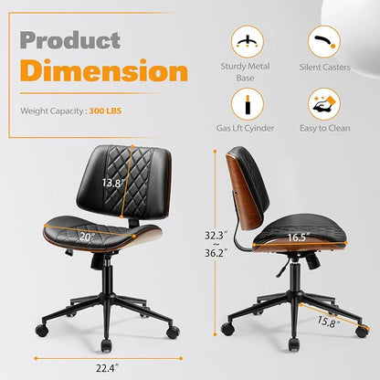 Shahoo Armless Office Chair with Wheels, Adjustable Height PU Leather Desk Chair with mid Back, Modern Walnut Style 360° Swivel Computer Chair for Small Spaces, Meeting Room, Black