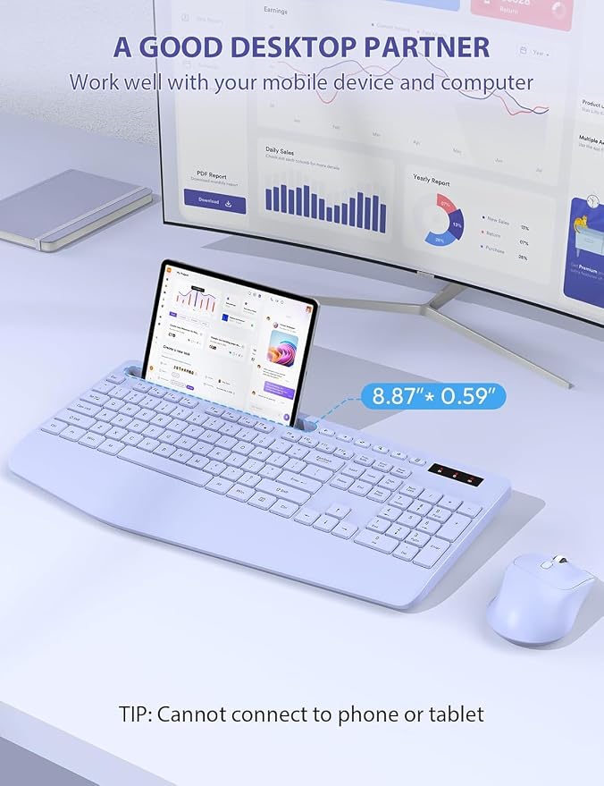 SABLUTE Wireless Keyboard and Mouse, Wrist Rest, Phone Holder, Batteries Included, 2.4G Lag-Free Ergonomic Keyboards Mouse Combo, KM23D Silent Keyboards Set for Computer, Laptop, PC, Windows, Purple