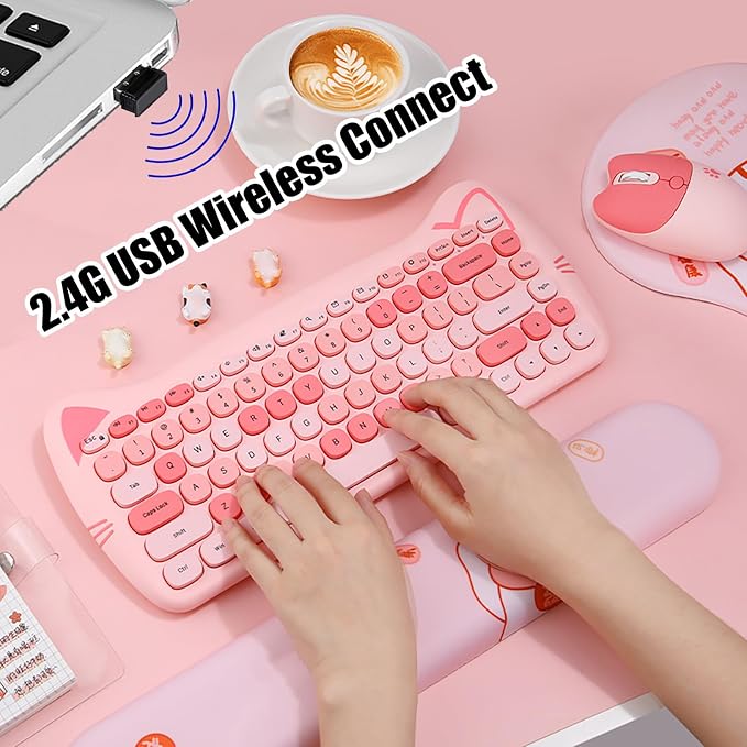 Cute Cat 2.4G USB Wireless Keyboard and Mouse Combo, Silent Keys, Candy Colors, Compatible with Notebook, PC (Pink-84Keys)