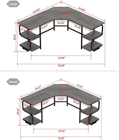Teraves Modern L Shaped Desk with Shelves,64.84" Gaming Computer Desk for Home Office,Corner Desk with Desktop (Black Oak+Black Frame, Large+4 Tier Shelves)