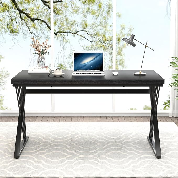 FOLUBAN Black Desk, Modern Wood and Metal Computer Desk for Home Office, Simple Writing Work PC Desks for Bedroom, Industrial Study Gaming Table for Living Room, Black, 53 Inch