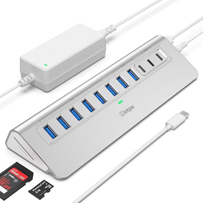 Powered USB Hub 10Gbps, intpw YH9AC Plus 13 Port USB 3.2 Hub(USB A/USB C 3.2+6 USB-A 3.0+2 PD 45W Fast Charging Ports+SD/TF Card Reader), 65W Power Adapter,Aluminum USB HUB for PC,Laptop,iPhone 17/16