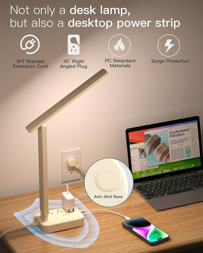 Addtam LED Desk Lamp, Power Strip with 3 Outlets 4 USB Charging Ports(2 USBC), 4 Modes 5 Level Brightness Touch Lamp, Small Desk Lamp for Home Office College Dorm Room Essentials, Cream