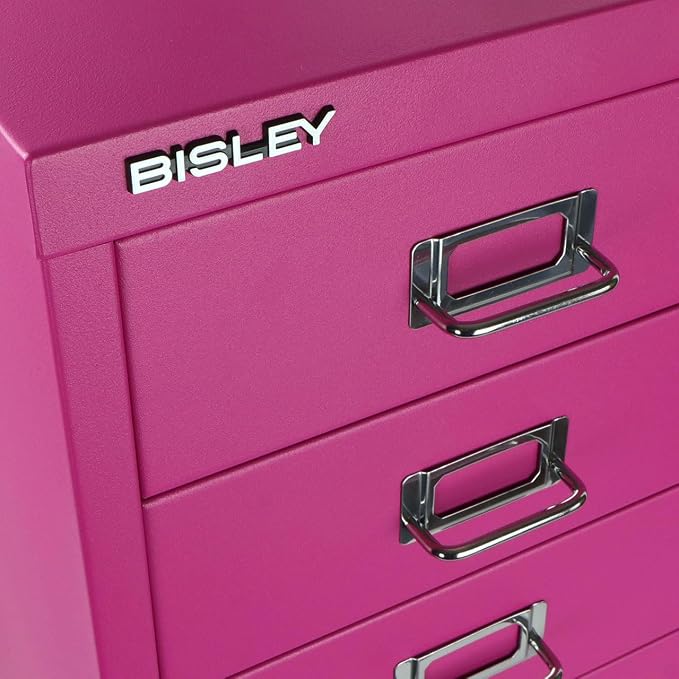 Bisley 6-Drawer Steel MultiDrawer Cabinet - Fuchsia | Chrome Pull Handles with Label Holders, Powder-Coated Steel, Removable Drawers, Fits Under Most Desks, Labels Included