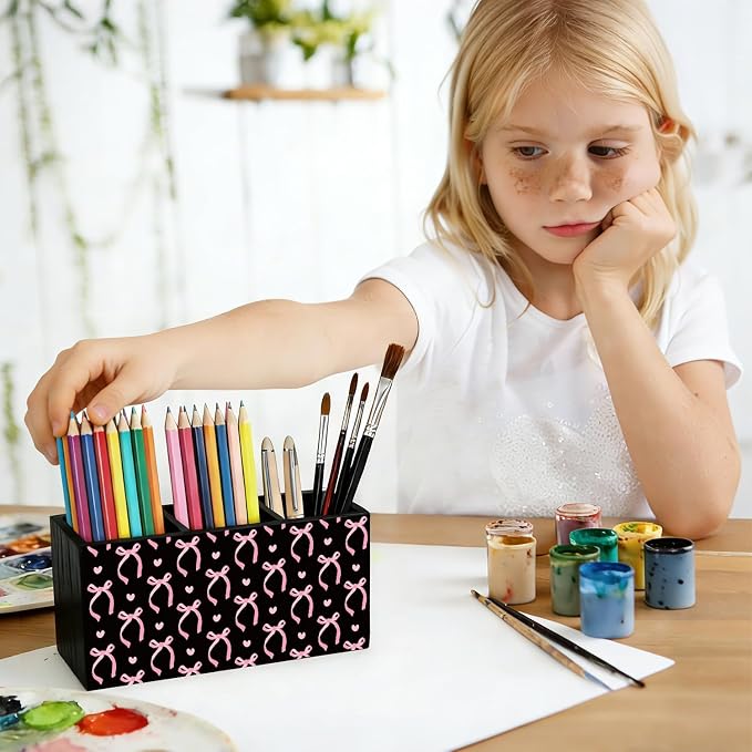Pink and Black Bow Pen Pencil Holder for Desk Accessories Decor | Office Accessories for Women, Pink and Black Bow Pen Pencil Wooden Organizer Decorations for Dorm Room Bedroom Tabletop Desk