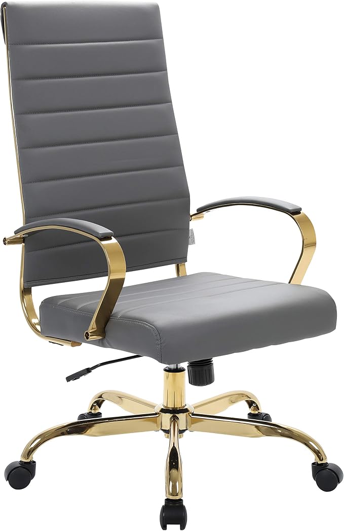 LeisureMod Modern High-Back Leather Office Chair - Swivel & Adjustable Executive Desk Chair with Gold Frame, Ergonomic Design for Home & Office (Grey, Set of 4)