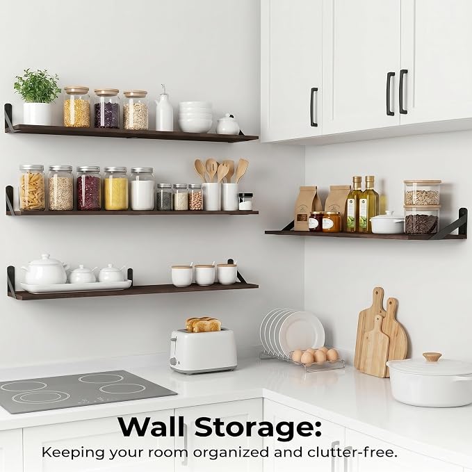 Long Wall Shelf,Large Floating Shelves for Wall,Wood Floating Bookshelves Hanging,Book Storage Display for Living Room Bedroom Office Bathroom Decor,4 Pack,47 Inch,Dark Brown