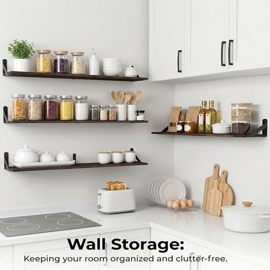 Long Wall Shelf,Large Floating Shelves for Wall,Wood Floating Bookshelves Hanging,Book Storage Display for Living Room Bedroom Office Bathroom Decor,4 Pack,47 Inch,Dark Brown