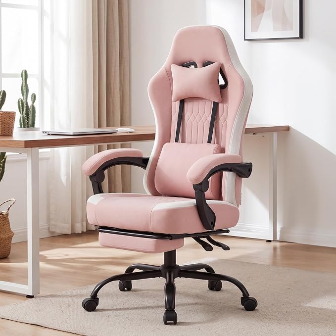 Computer Gaming Chair - High Back Ergonomic Desk Chair with Footrest and Lumbar Support, Height Adjustable Task Chair with Linkage Armrests and Headrest, 360° Swivel Wheels, Pink