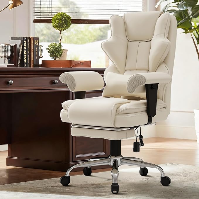 7-Point Massage Office Chair,Heated Manageral Chair,Ergonomic Executive Chair with Footrest,Adjustable Armrest，Computer Chair for Offices, Study Areas, Gaming Spaces,Beige