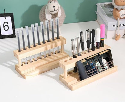 Pencil & Pen organizer for Desk,Wooden pen holder with Phone Stand for Office & Home,Solid Walnut Pencil Display Stand (Single-row - Natural Wood)