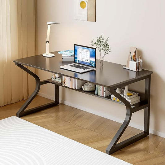 OSCHF Office Desk with Storage Shelf - 47.3" Long Writing Table for Single-Person Workstation, Modern Study Gaming Computer Desk, Black