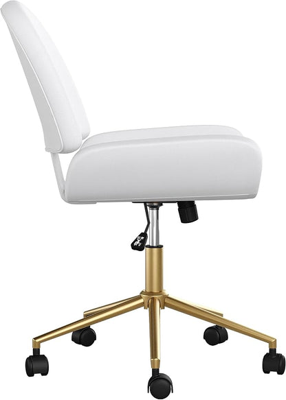 Martha Stewart Tyla Armless Swivel Task Chair for Home Office in White Faux Leather with Polished Brass Frame