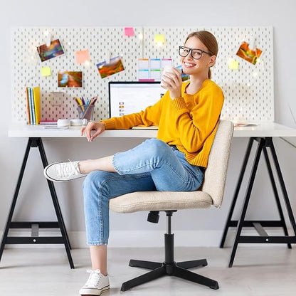 LEMBERI Fabric Padded Desk Chair No Wheels, Armless Wide Swivel,120° Rocking Mid Back Ergonomic Computer Task Vanity Chairs for Office, Home, Make Up,Small Space, Bed Room,Beige