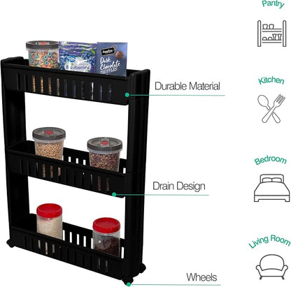 Simplify 3 Tier Slim Slide Out Storage Cart | Multi-Purpose Organization | Rolling | Wheels | Small Space | Laundry Room | Kitchen | Bathroom | Office | Matte Black
