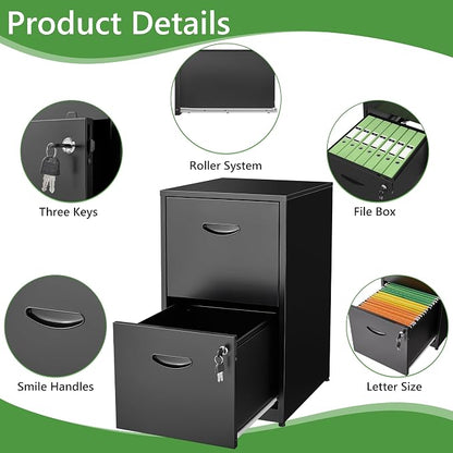 2 Drawer File Cabinet with Lock,Black Small Filing Cabinet for Home Office, Metal Vertical File Under Desk Cabinets for A4/Letter,Assembly Required