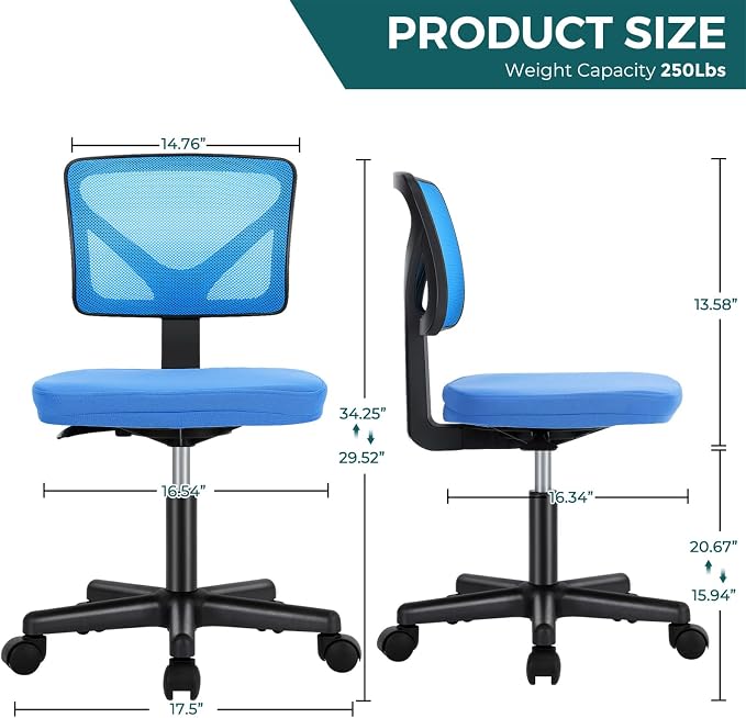 DUMOS Small Office Chairs with Wheels, Ergonomic Adjustable Home Desk Swivel Rolling Task Chair No Arms, Comfy Mesh Mid Back Computer Work Vanity Desk Chairs for Small Spaces, Blue