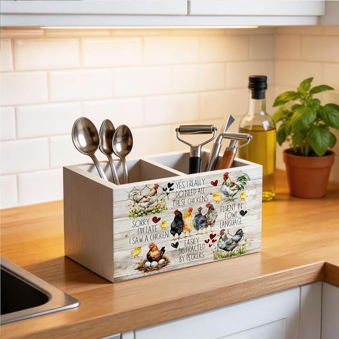 Funny Rustic Chicken Pen Holder for Desk, Chicken Lovers Mom Lady Gifts Wooden Box Sign Desk Decor for Home Office Decoration, Farmhouse Hen Rooster Pencil Organizer