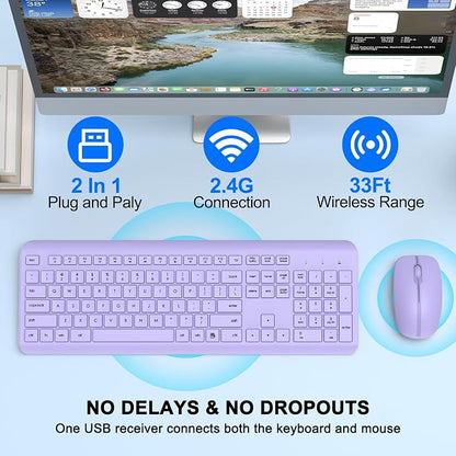 Wireless Keyboard and Mouse Combo, Full-Size Silent Ergonomic Keyboard and Optical Mouse, Long Battery Life, 2.4GHz Lag-Free Cordless Mice Keyboard for Computer, Mac, Laptop, PC, Windows(Purple)